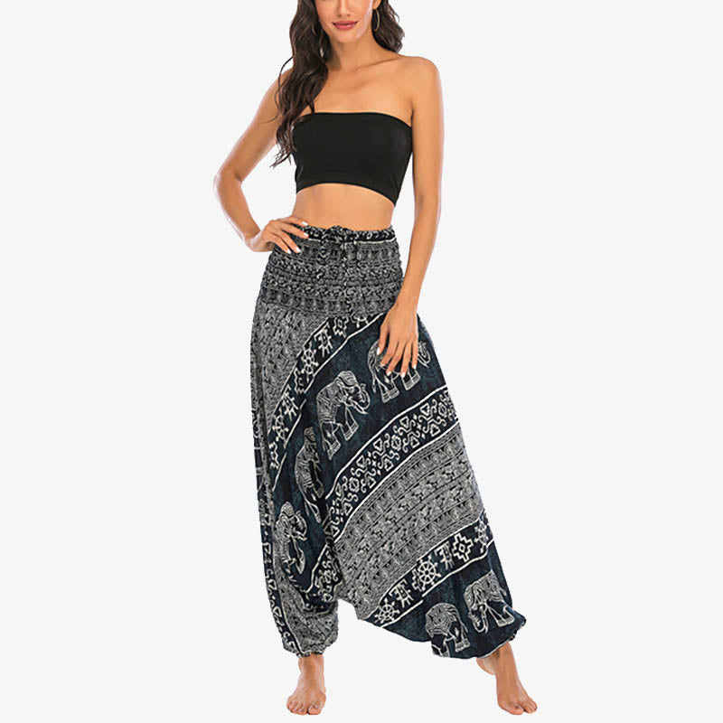 Two Style Wear Elephant Pattern Loose Smocked Harem Trousers Jumpsuit Women's Yoga Pants