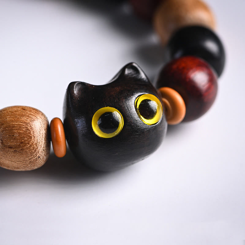Hand-Carved Cat Engraved Red Sandalwood and Ebony Wood Bracelet