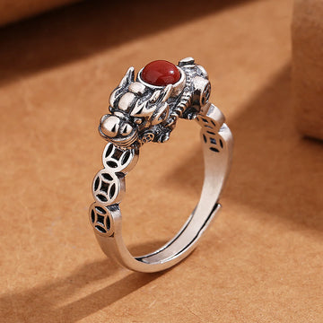 PiXiu Copper Coin Red Agate Wealth Luck Ring