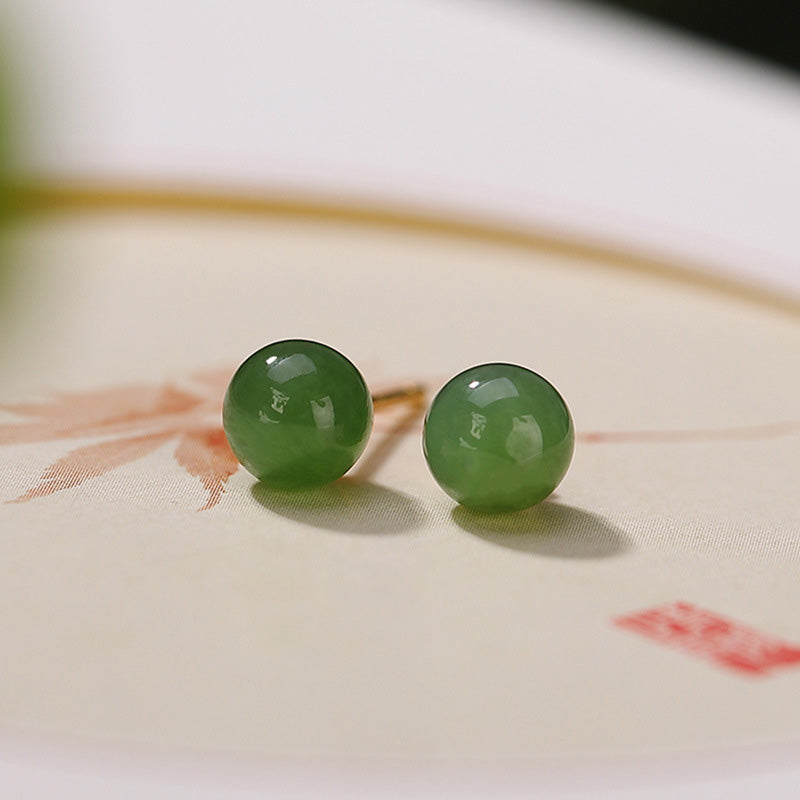 925 Sterling Silver Round Cyan Jade Healing Calm Stud Earrings