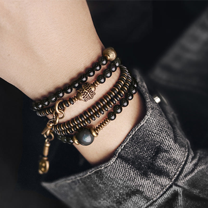 Rainbow Obsidian Ebony Wood Copper Positive Multilayer Bracelet