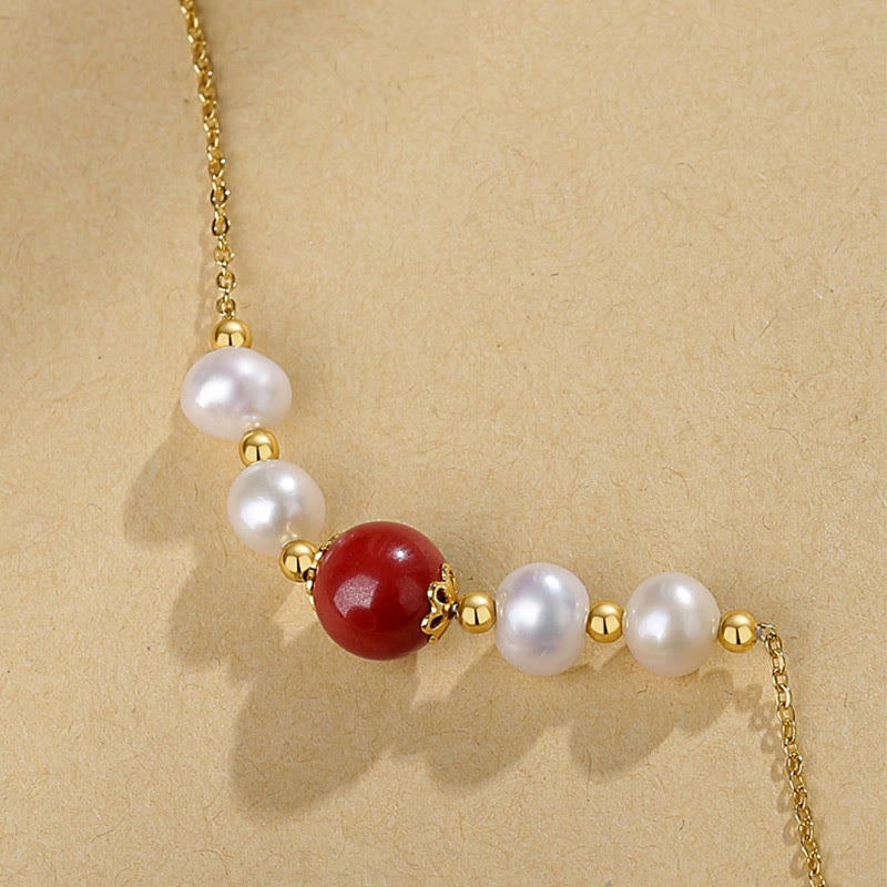 925 Sterling Silver Pearl Cinnabar Sincerity Healing Bead Chain Necklace Pendant