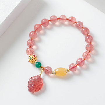 Natural Strawberry Quartz, Green Agate & Golden Silk Jade Nine-Tailed Fox Beaded Bracelet
