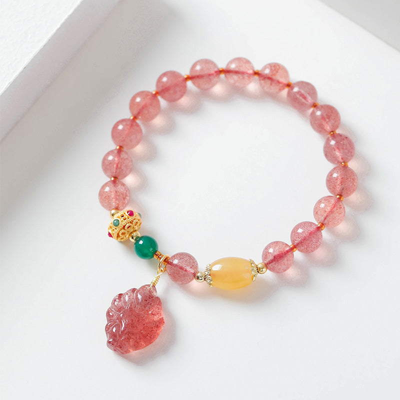 Natural Strawberry Quartz, Green Agate & Golden Silk Jade Nine-Tailed Fox Beaded Bracelet