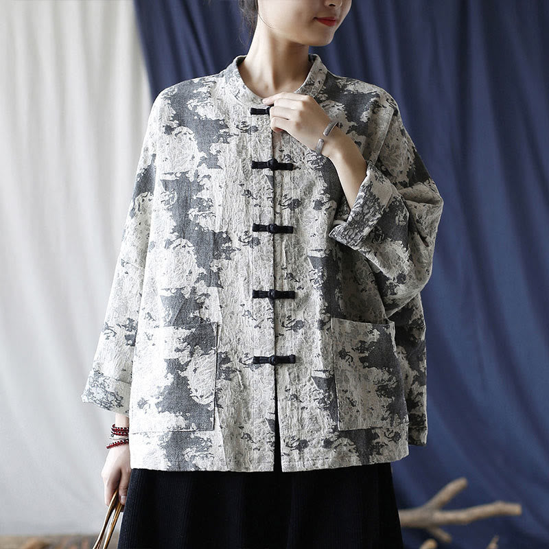 Black Gray Print Frog-button Design Long Sleeve Cotton Linen Jacket Shirt With Pockets