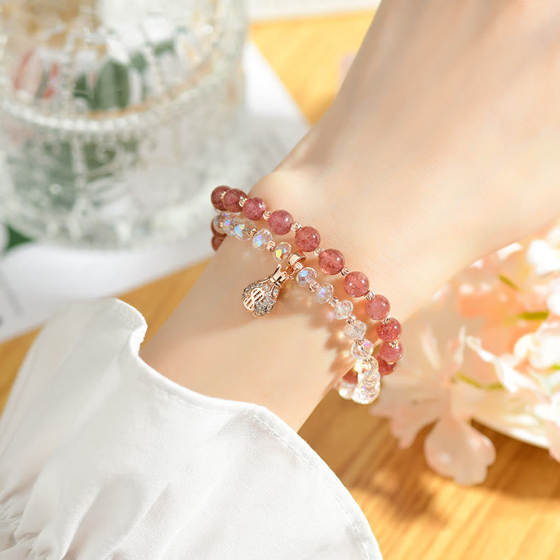 Strawberry Quartz and Clear Quartz Wealth Bag Copper Charm Bracelet for Women