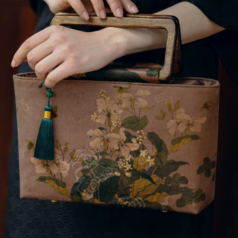 Vintage Brown Flowers Green Bamboo Leaves Wood Handles Zipper Handbag