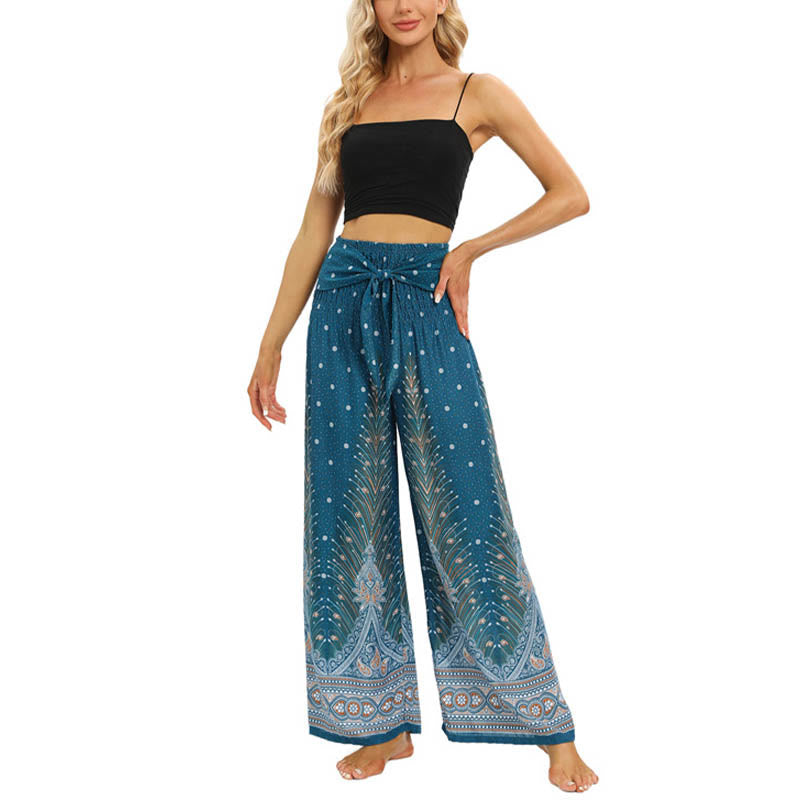 Boho Peacock Feathers Lace-up Wide Leg Pants Women's Yoga Pants