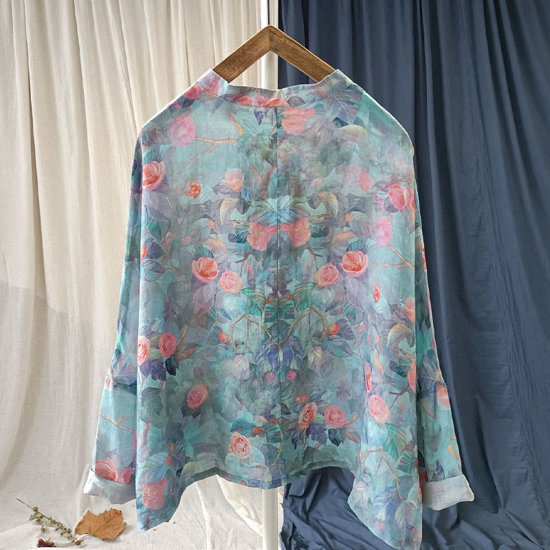 Pink Flowers Green Leaves Print Frog-button Design Long Sleeve Ramie Linen Jacket Shirt