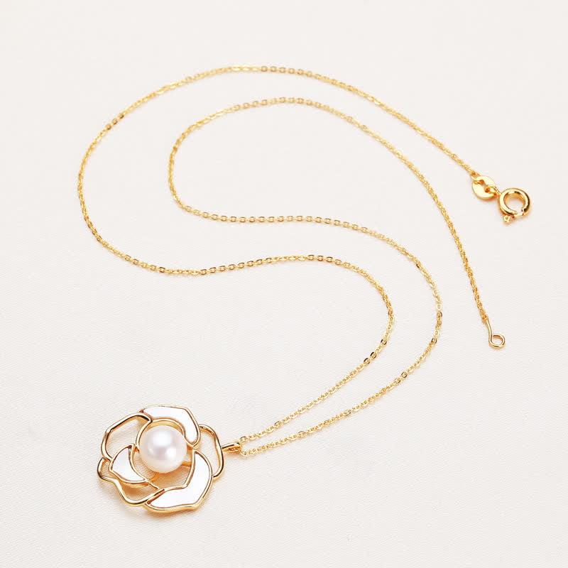 925 Sterling Silver Pearl Camellia Pattern Happiness Necklace Pendant Earrings