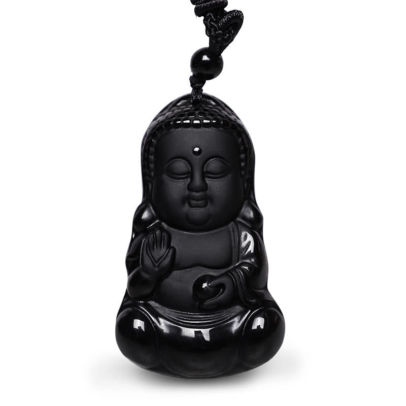 Natural Black Obsidian Crystal Buddha Strength Protection Amulet Lucky Charm Pendant Necklace