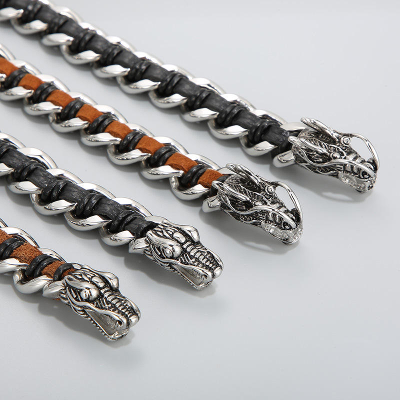 Masculine Dragon Braided Leather and Titanium Steel Bracelet