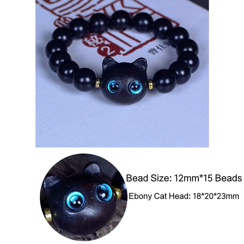 Natural Ebony Wood and Liuli Glass Lucky Cat Beaded Bracelet for Cat Lovers