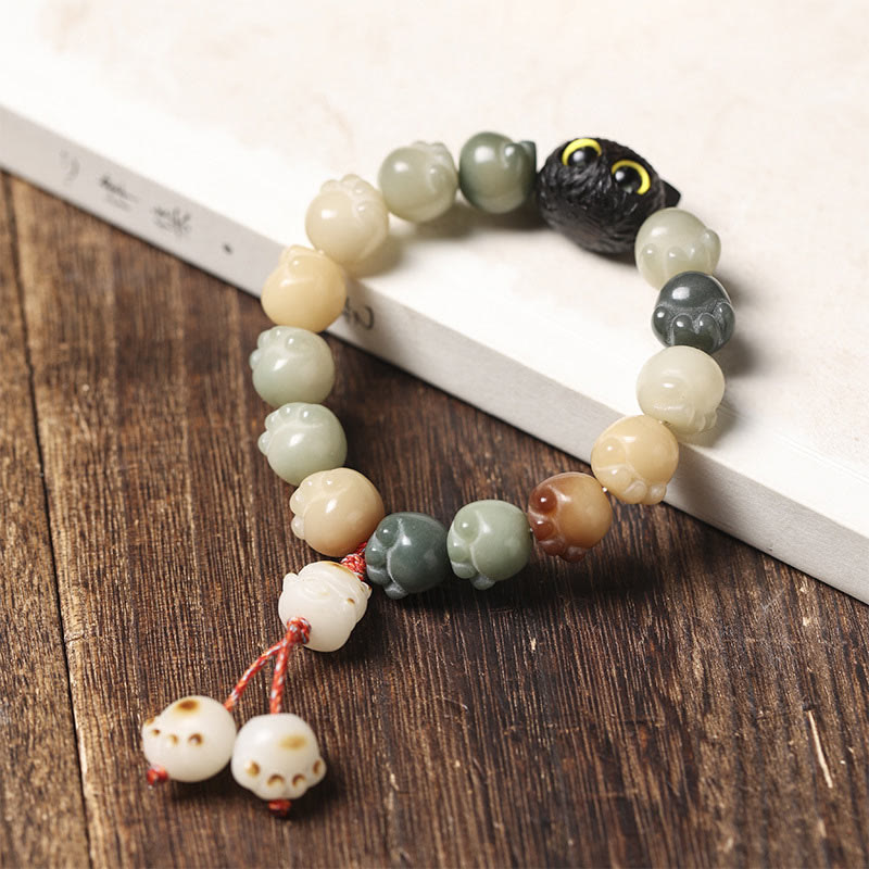 Natural Bodhi Seed Lovely Paw Ebony Wood Lucky Cat Wisdom Bracelet