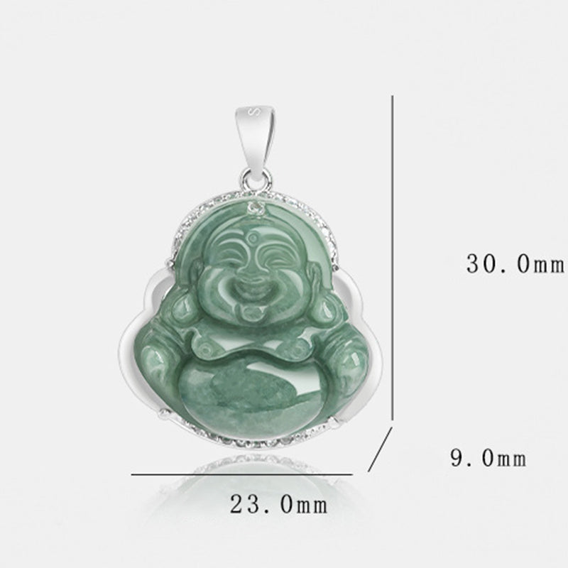 925 Sterling Silver Laughing Buddha Jade Abundance Necklace Chain Pendant