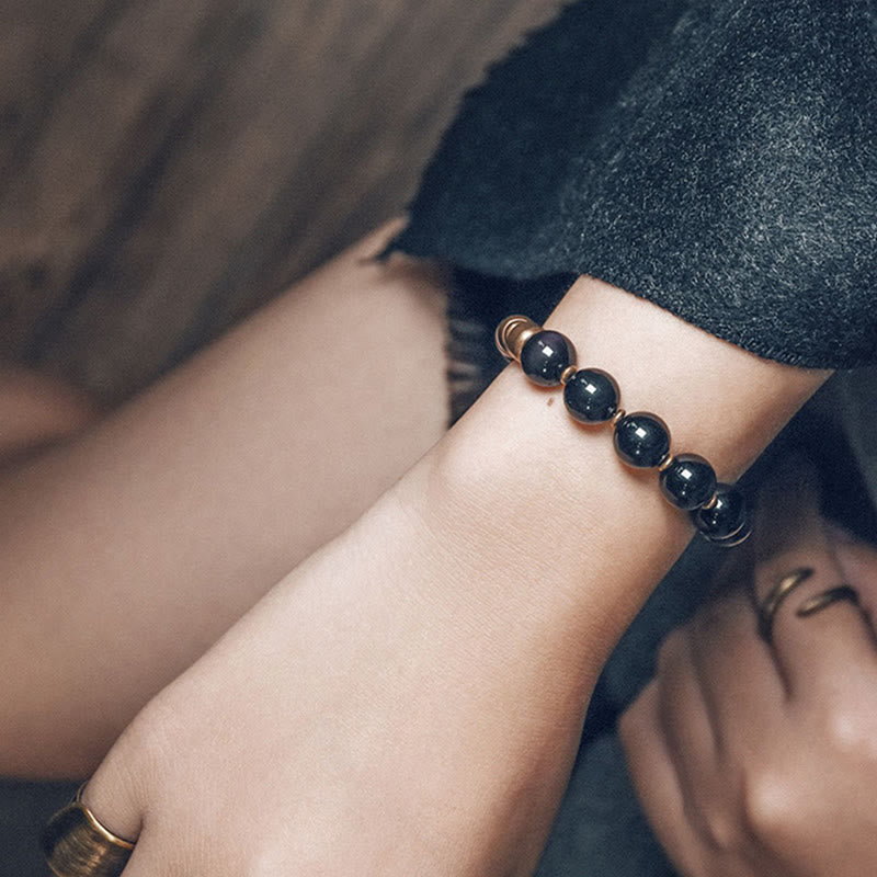 Lava Rock Stone Rainbow Obsidian Copper Support Healing Bracelet