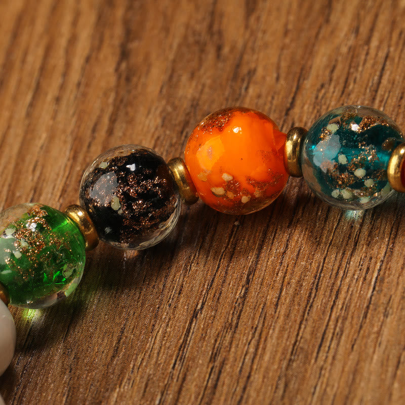Luminous Liuli Glass & Tibetan Porcelain Beaded Bracelet with Wu Lou Copper Coin Charm