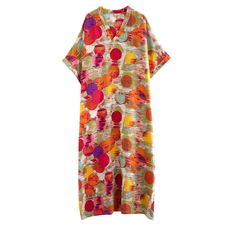 Orange Blue Colorful Polka Dots Midi Dress Cotton Half Sleeve Dress With Pockets