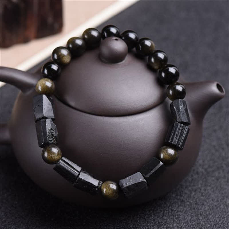 Handmade Gold Sheen Obsidian and Black Tourmaline Beaded Elastic Bracelet