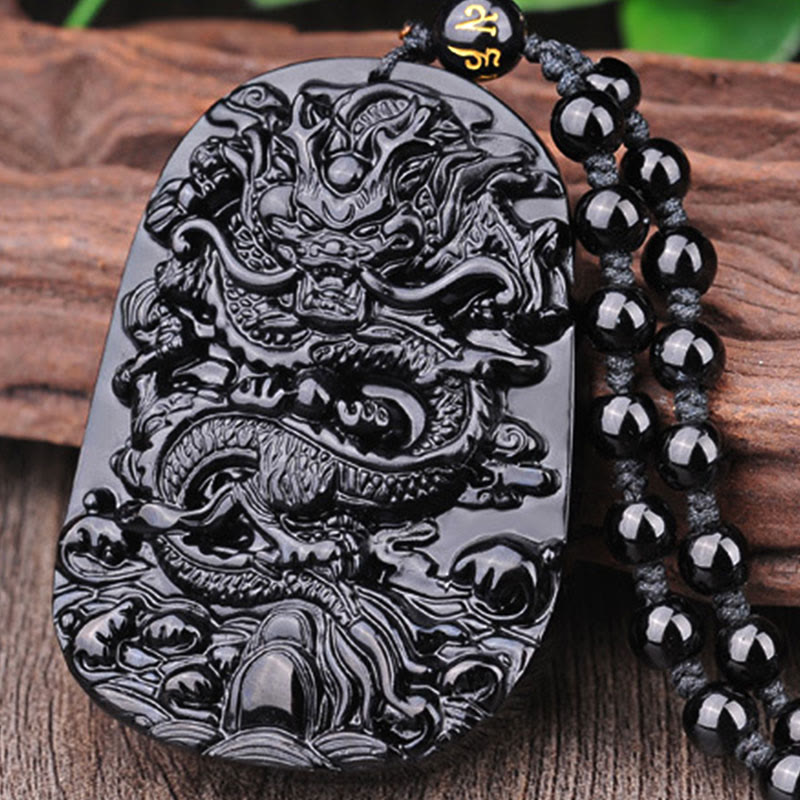 Black Obsidian Stone Dragon Fulfilment Pendant Necklace