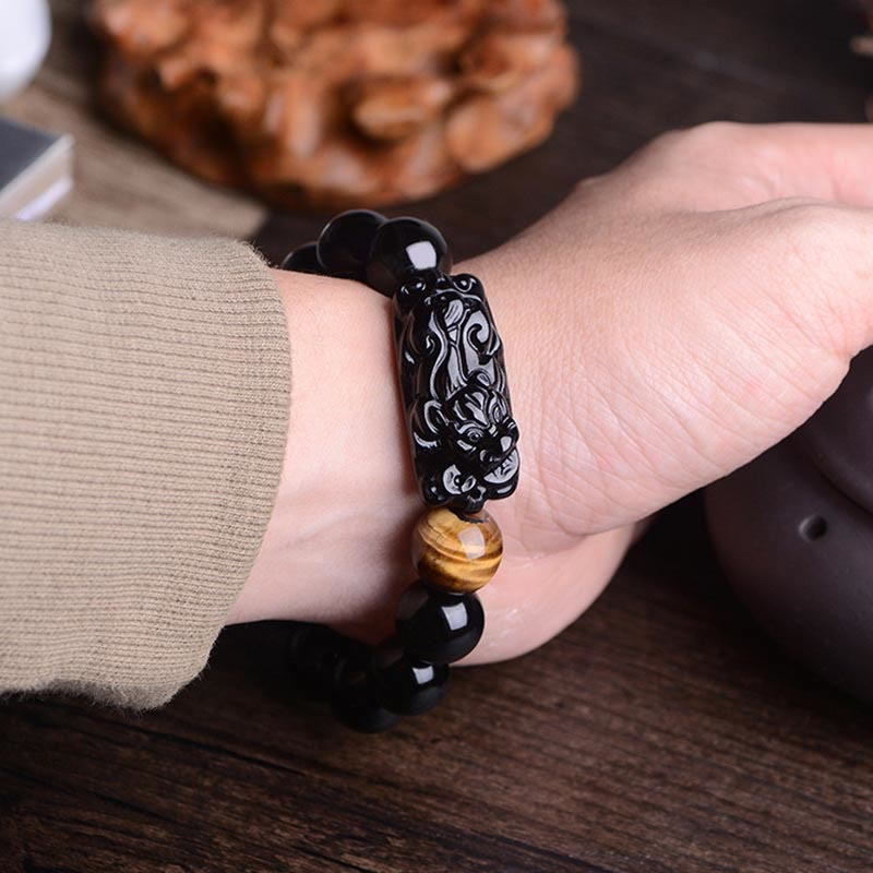 Natural Black Obsidian and Tiger Eye Pixiu Beaded Energy Bracelet