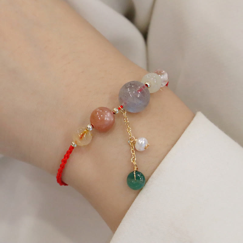 Multi-Gemstone Rope Bracelet with Moonstone, Sunstone, Hetian Jade & Ping An Kou Charm