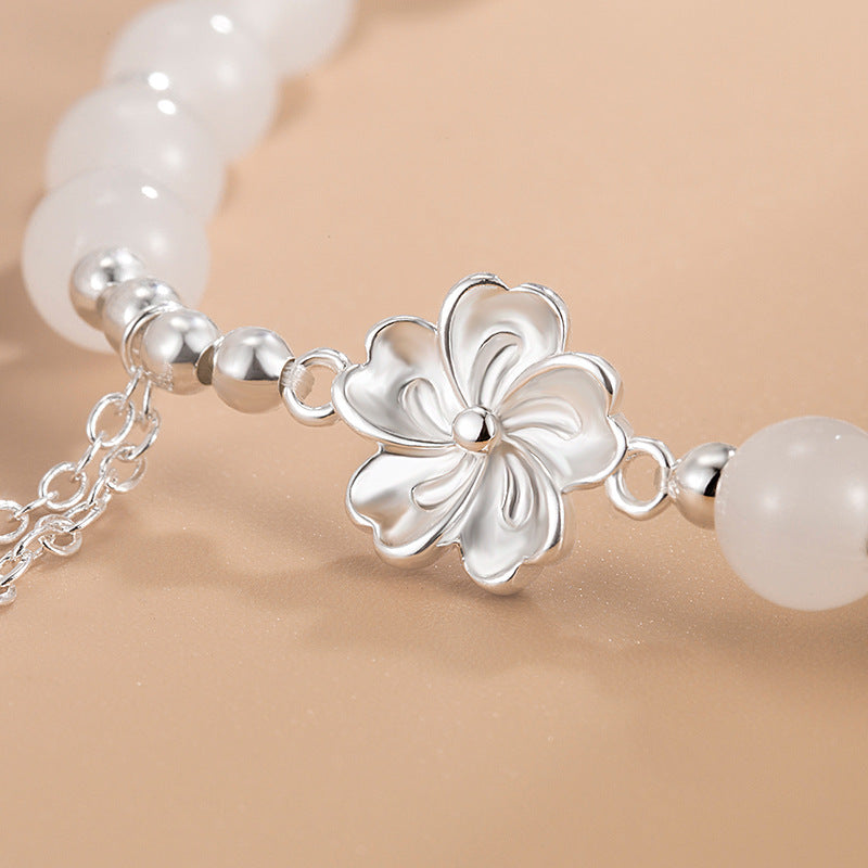 White Jade Peach Blossom Petals Flower Luck Bracelet