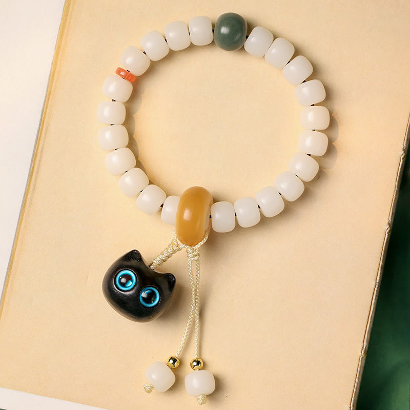 Natural Bodhi Seed and African Blackwood Beaded Bracelet with Hand-Finished Cat Charm