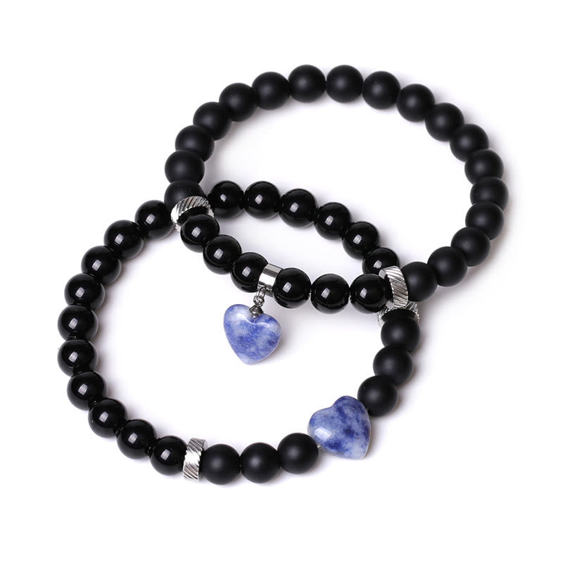 2Pcs Black Onyx Crystal Stone Love Heart Protection Support Couple Bracelet