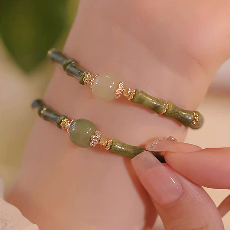 14K Copper Plated Peridot Hetian Jade Bamboo Pattern Luck Bracelet