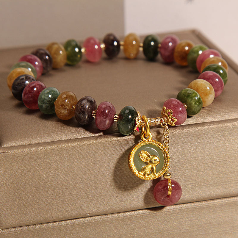 Natural Colorful Tourmaline Cute Rabbit Charm Positive Bracelet