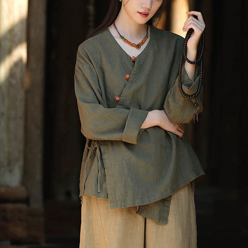 Solid Color Ramie Linen Loose Blouse Long Sleeve Shirt Chinese Hanfu Top