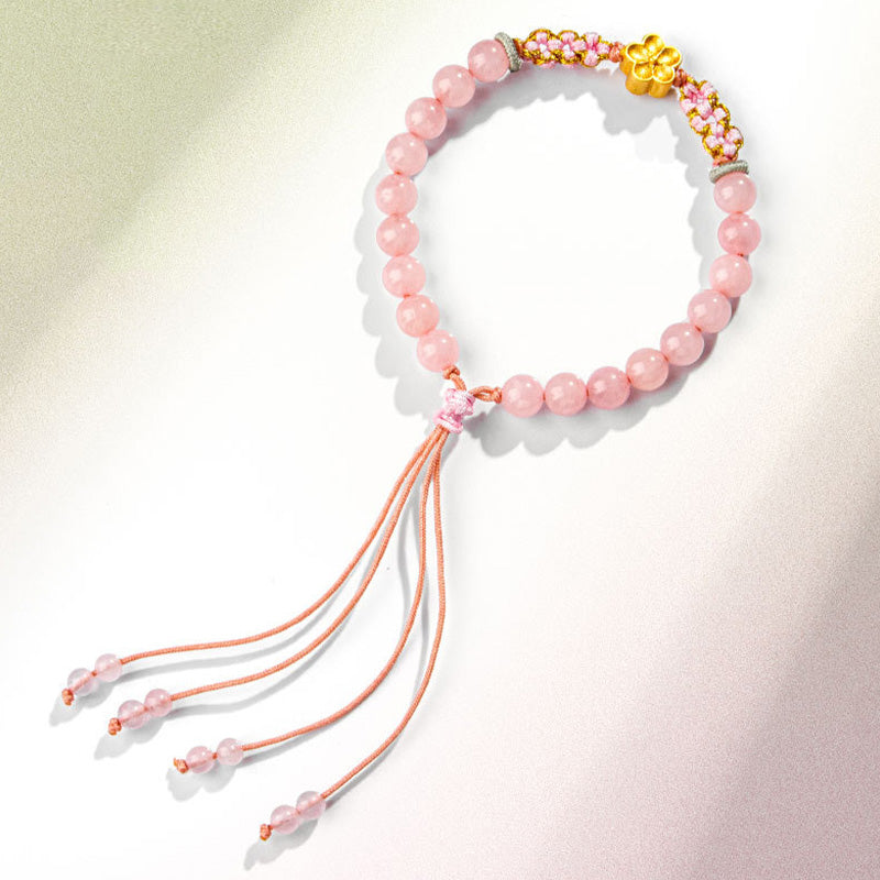 999 Sterling Silver Natural Red Agate Pink Crystal Cherry blossom Bracelet