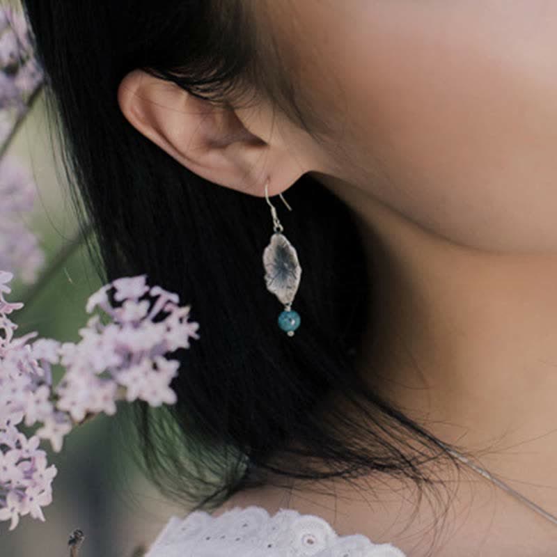 925 Sterling Silver Turquoise Lotus Leaf Handcrafted Drop Dangle Earrings
