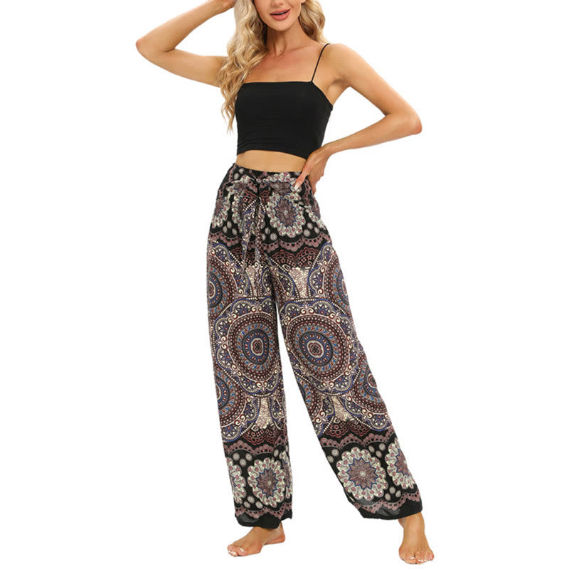 Boho Mandala Print Lace-up Wide Leg Pants Women's Yoga Pants