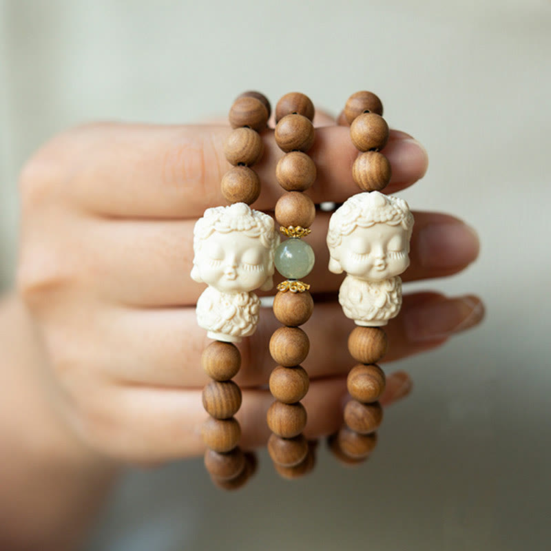 Sandalwood Hetian Jade Ivory Fruit Green Tara Protection Bracelet