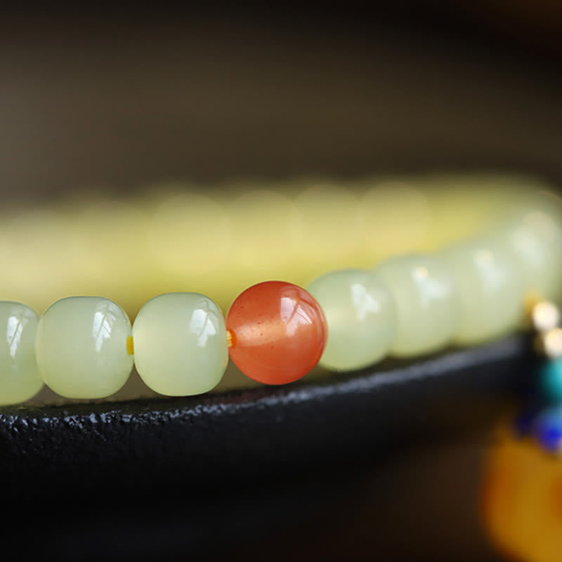 Natural Hetian Jade Amber and Red Agate Pumpkin Carved Gemstone Bracelet