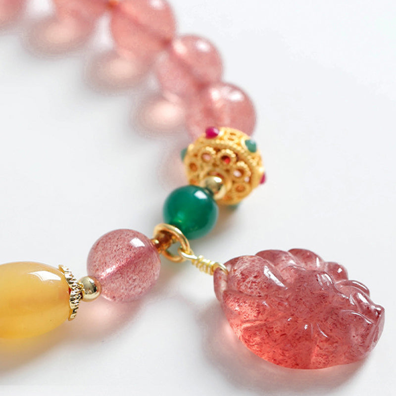 Natural Strawberry Quartz, Green Agate & Golden Silk Jade Nine-Tailed Fox Beaded Bracelet