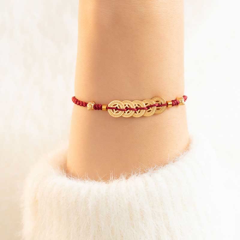 Hand-Braided Copper Tree of Life & Chinese Coin Red String Bracelet