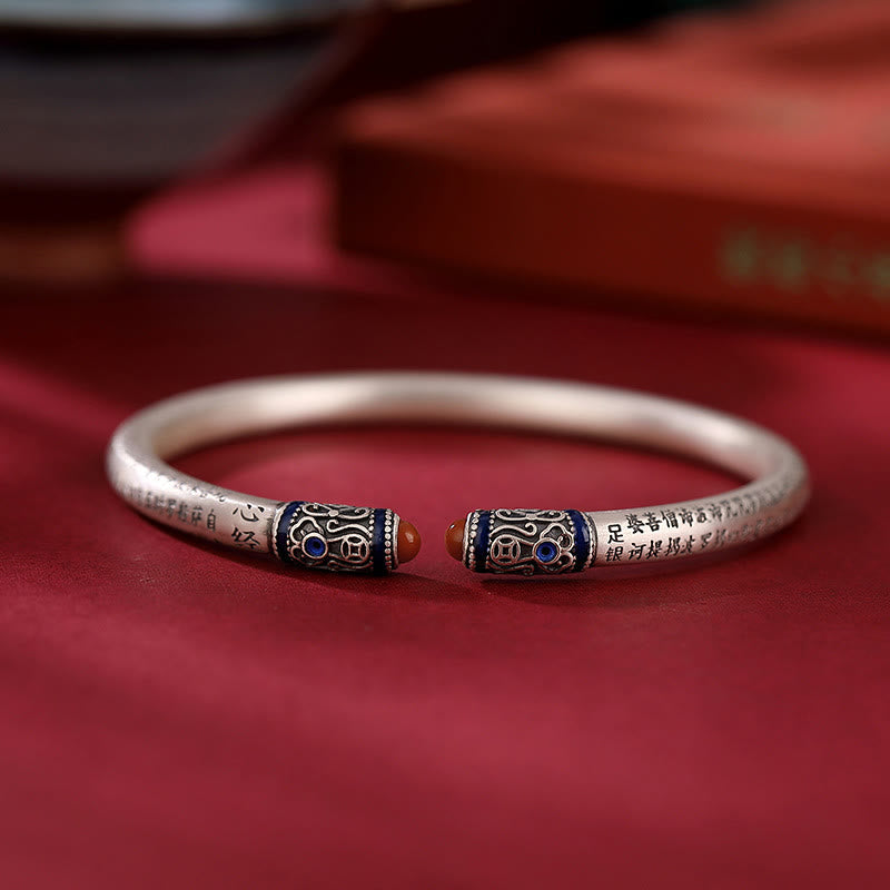 999 Sterling Silver Heart Sutra Engraved Red Agate Protection Bracelet Bangle