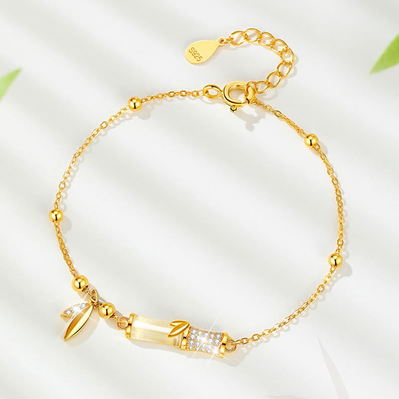 925 Sterling Silver 18K Gold Plated White Jade Bamboo Zircon Leaf Luck Bracelet