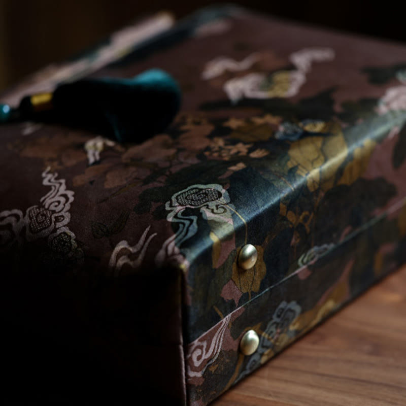 Vintage Brown Flowers Green Bamboo Leaves Wood Handles Zipper Handbag