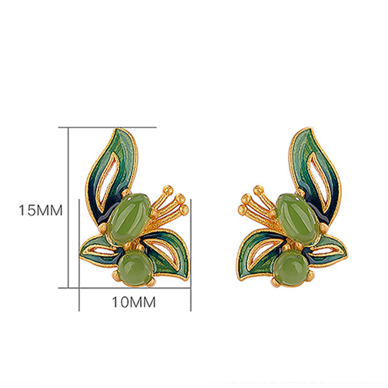 925 Sterling Silver Plated Gold Natural Cyan Jade Butterfly Luck Healing Earrings