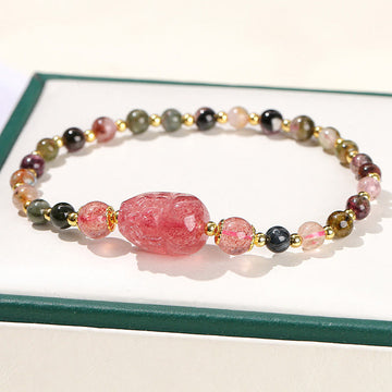 Moonstone Strawberry Quartz Tourmaline PiXiu Healing Bracelet