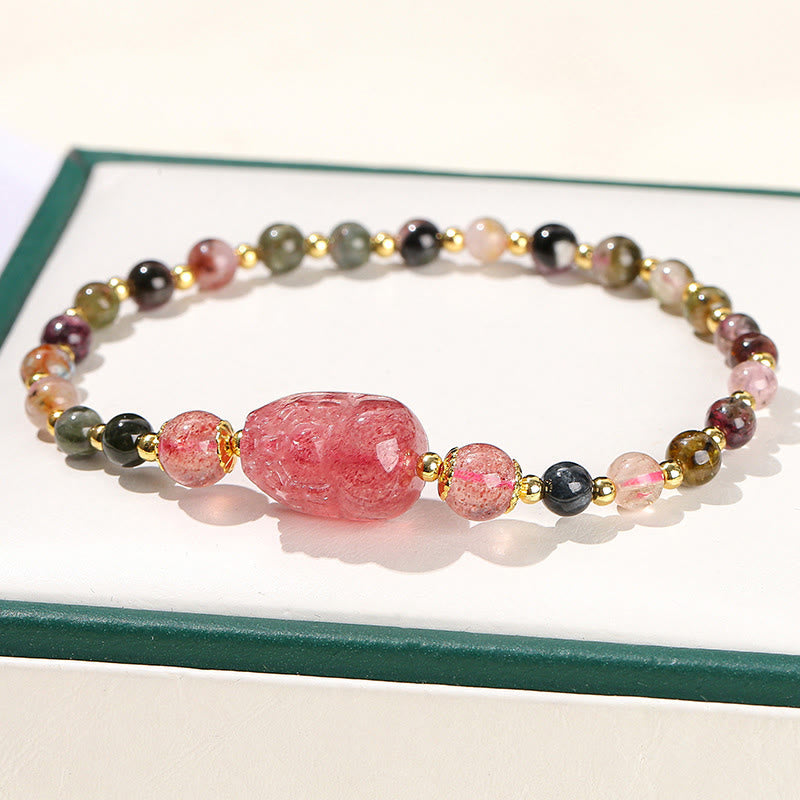 Moonstone Strawberry Quartz Tourmaline PiXiu Healing Bracelet