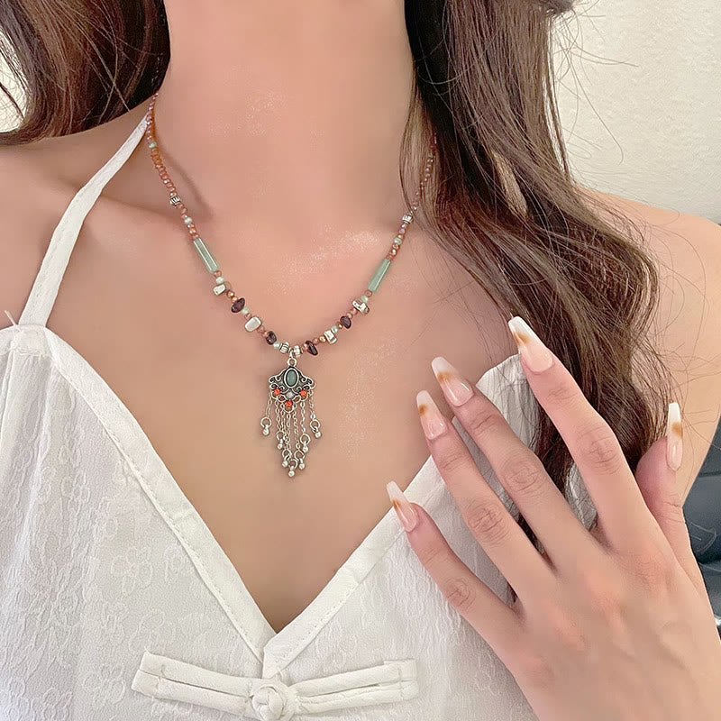 Tibetan Crystal Stone Copper Luck Tassel Necklace Pendant