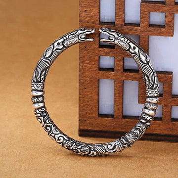 Hand-Carved Sterling Silver and Copper Dragon Head Bangle Bracelet