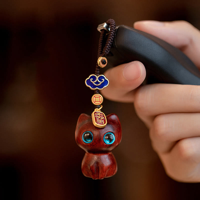 Small Leaf Red Sandalwood Ebony Wood Lucky Cat Protection Key Chain Phone Hanging Decoration