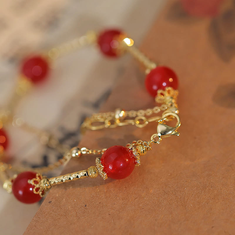 Red Agate and Copper Fu Character Charm Bracelet for Self-Acceptance