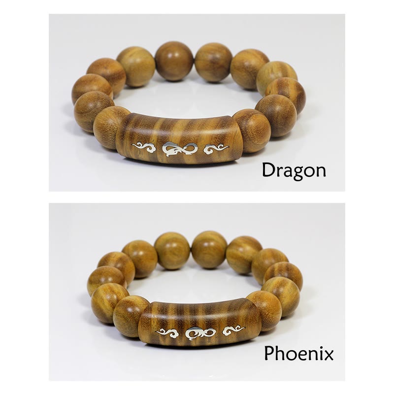 999 Sterling Silver Green Sandalwood Om Mani Padme Hum Dragon Phoenix Dharmachakra Inlaid Peace Bracelet